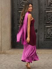 Satin Patchwork With Scarf Off Shoulder Long Dress