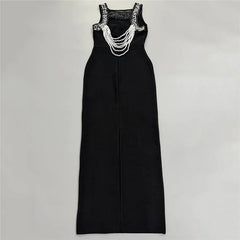 Pearl Chain Backless Sleeveless Maxi Dress