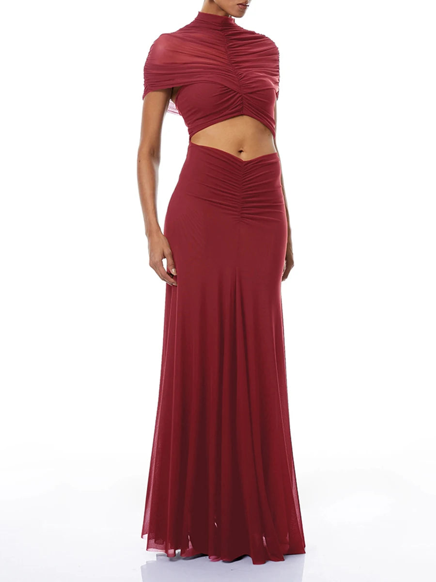 Red ruched cutout high neck sleeveless maxi Dress