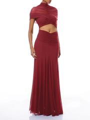 Red ruched cutout high neck sleeveless maxi Dress