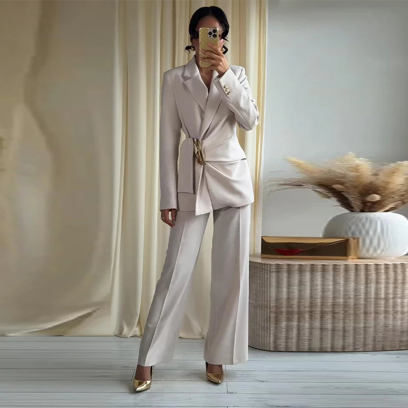 Solid draped blazer and wide leg pants set with gold belt