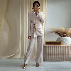 Solid draped blazer and wide leg pants set with gold belt