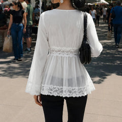 White Lace V-Neck Bell Sleeve Top