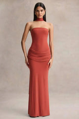Strapless Choker Neck Gathered Waist Maxi Dress