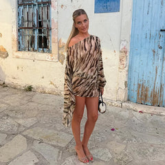 One Shoulder Zebra Print Mesh Mini Dress