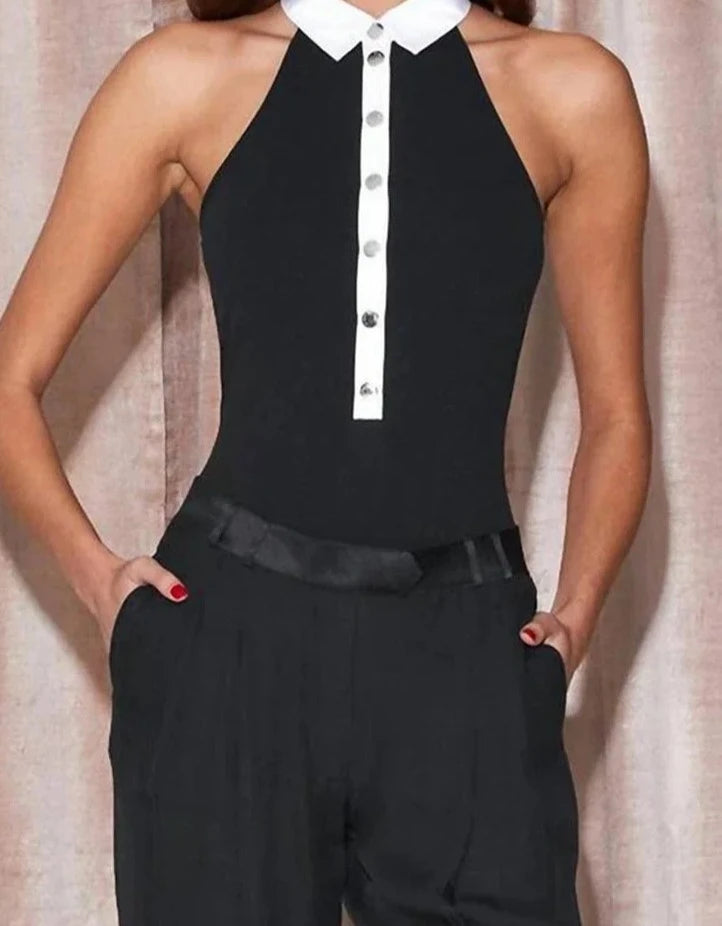 High Neck Sleeveless Button Overalls Top Solid Black Bodysuit