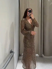 Sequined Mesh V-Neck Midi Dress