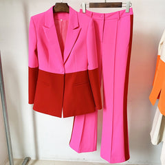 Women's Star Style Single Button Color Block Blazer Flare Pants Suit