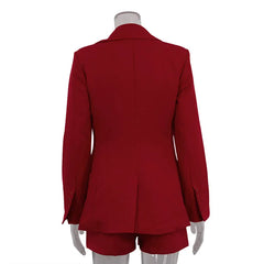 Red blazer and shorts set on a mannequin against a white background