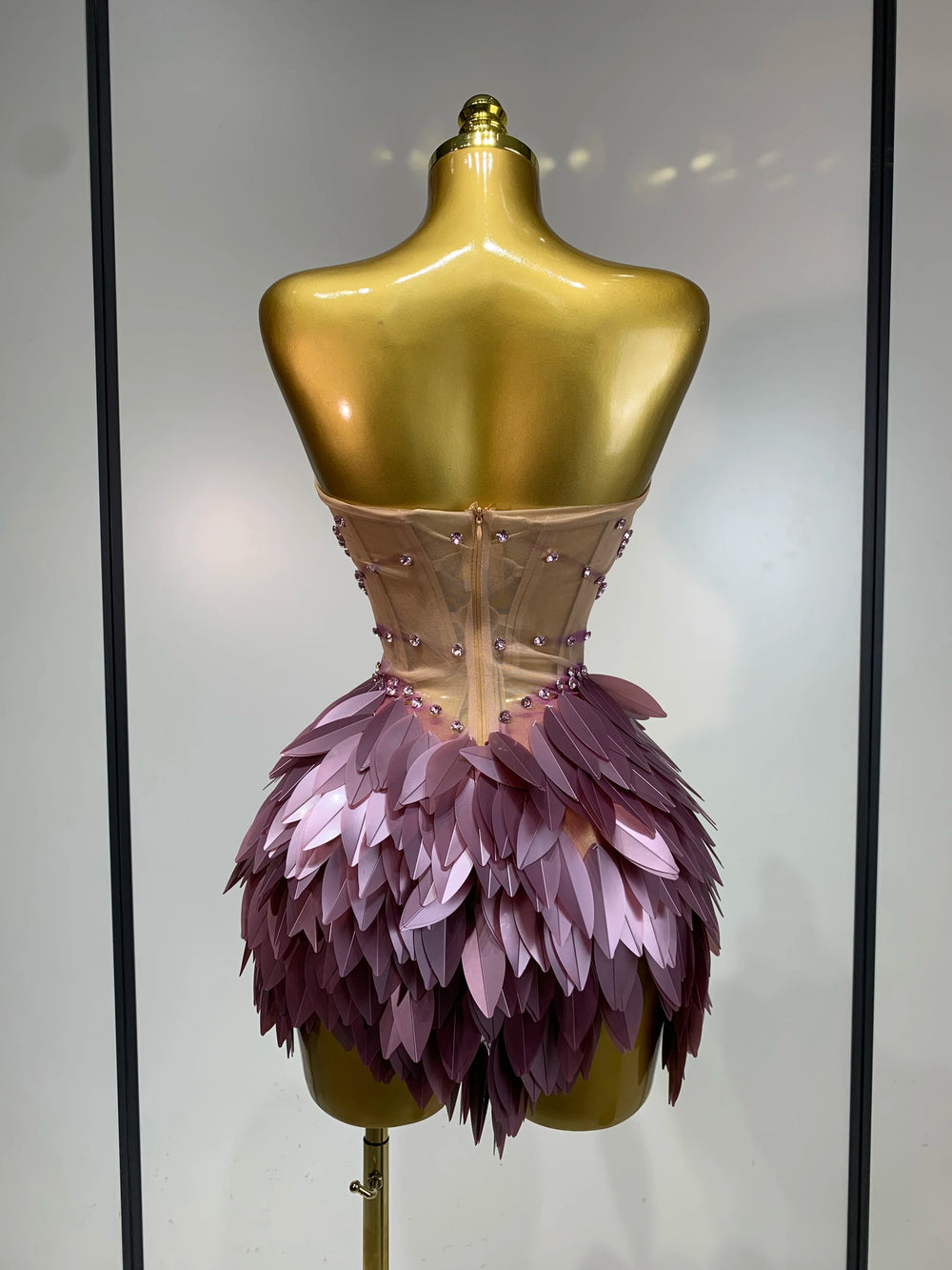 Strapless beaded feather mini dress back view