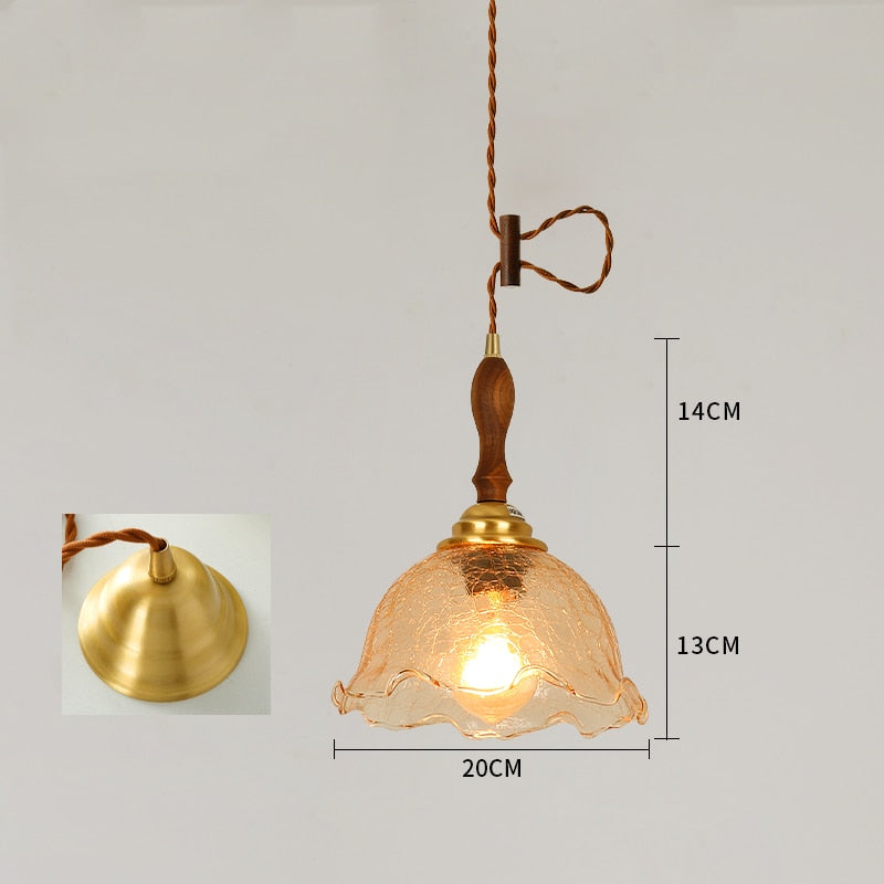 Cracked Glass Copper Wooden Hanging Pendant Light LED