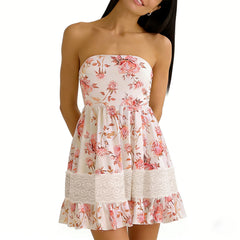 Strapless lace trim mini dress with pink floral print