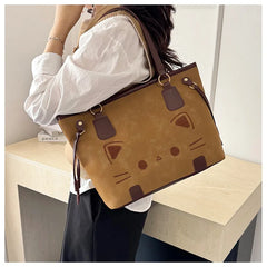 Cute Cat Face Suede Shoulder Tote Bag