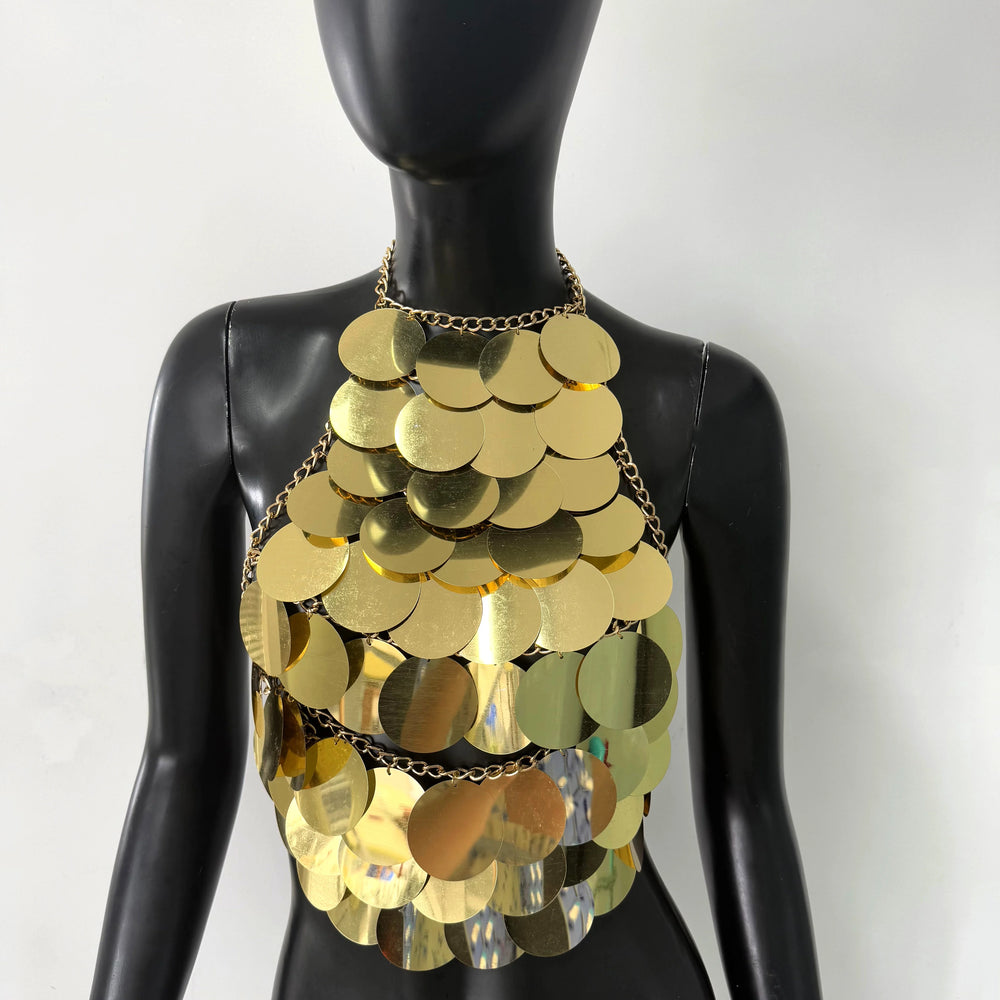 Gold sequin halter top on a mannequin, front view