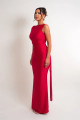 One Shoulder Low Back Draped Buckle Maxi Dress