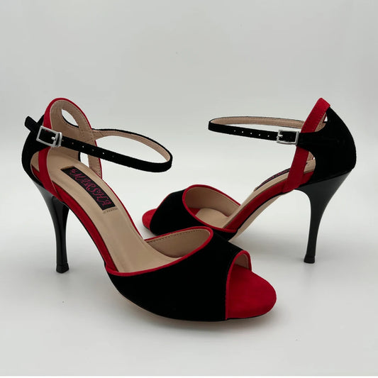 Black red suede high heel shoes side view