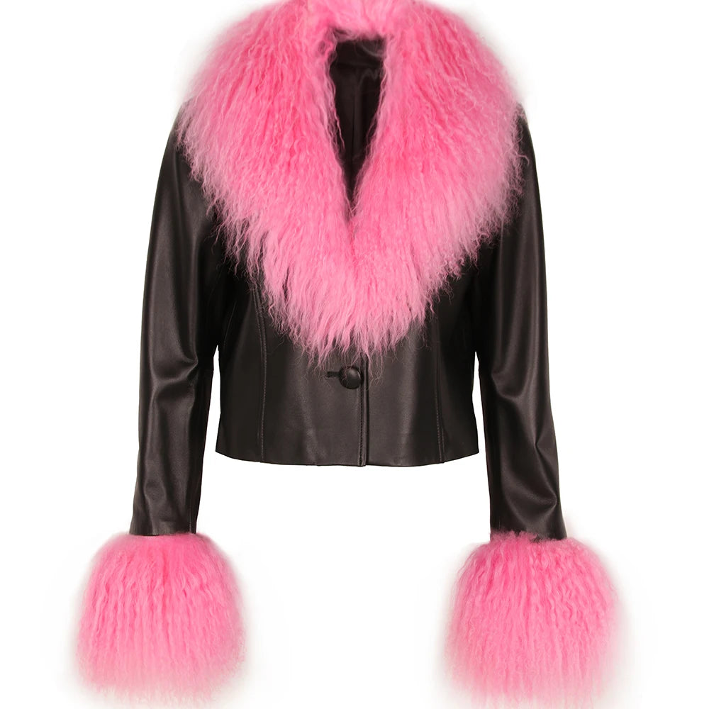 Black leather jacket with pink fur collar and cuffs