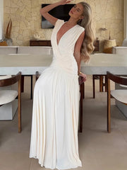 Draped V-Neck Ruched Waist Maxi Dress