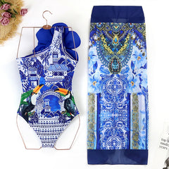 One-Shoulder Swimsuit with Oversized Flower Detail and Matching Printed Sarong Set