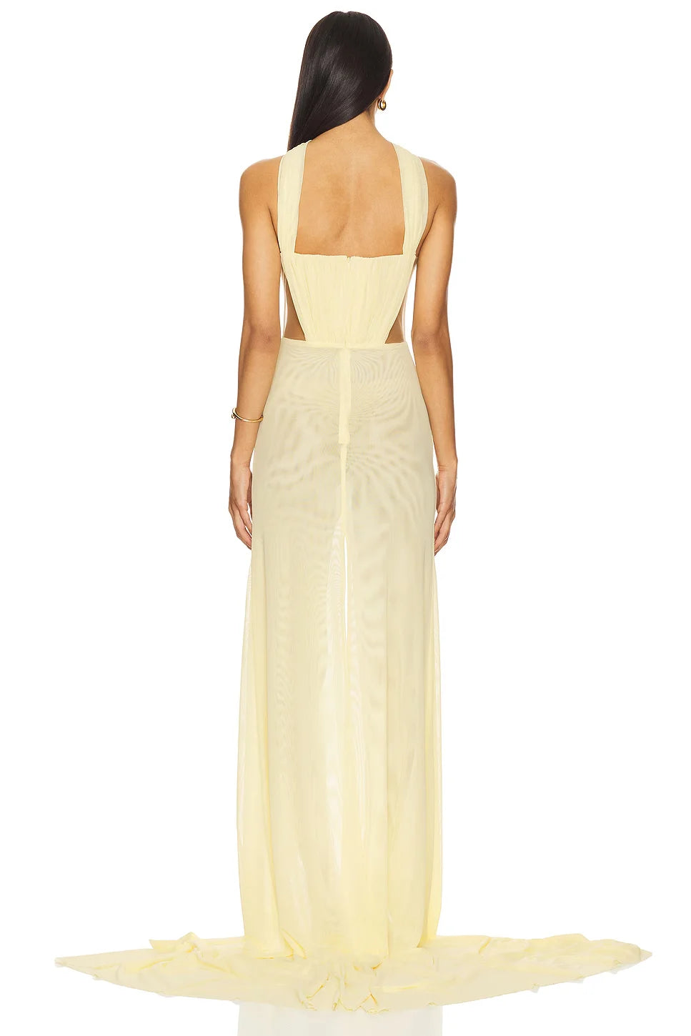 Ruched halter neck high slit maxi dress back view