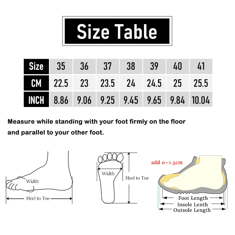 Size chart for shoes with measurements in centimeters and inches, accompanied by foot measurement diagrams.