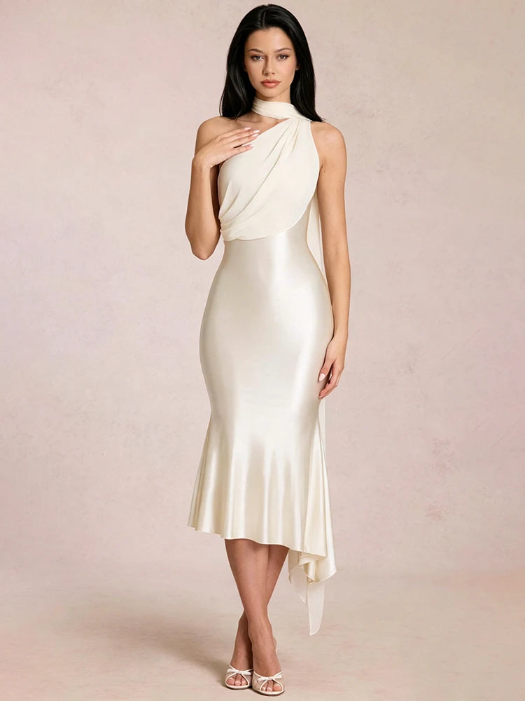 Cream one shoulder drape midi dress with scarf detail