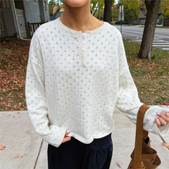 Eyelet Knit Button Placket Top