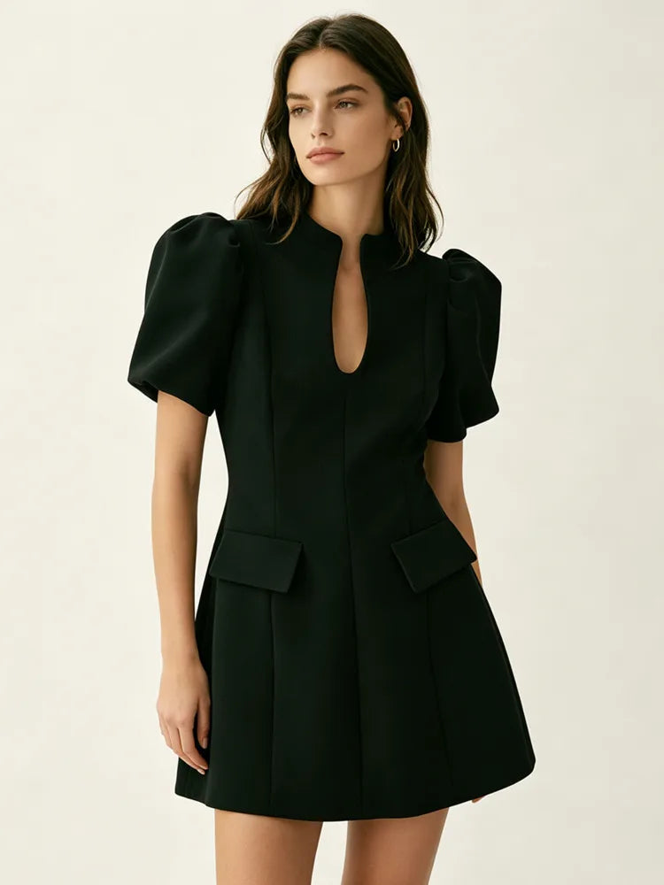 Black puff sleeve blazer mini dress front view