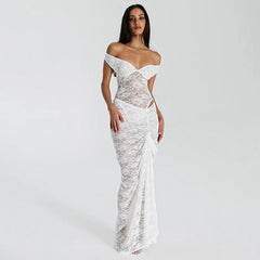 White Lace Deep V Sleeveless Tight Split Long Dress
