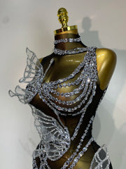 Mesh Bodycon Crystal Butterfly Mini Dress