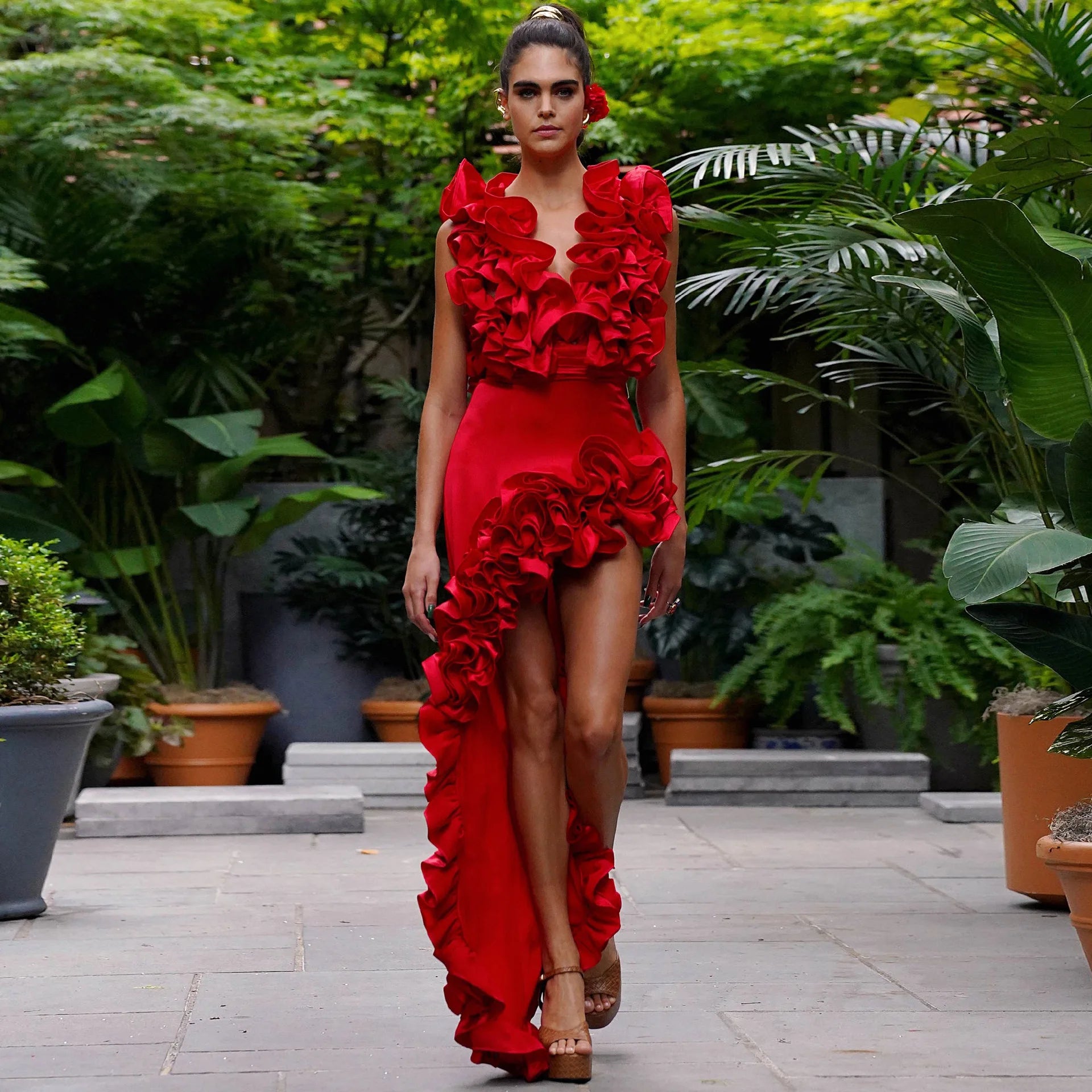 Solid Red Flower Swim Suit Deep V Bodysuit