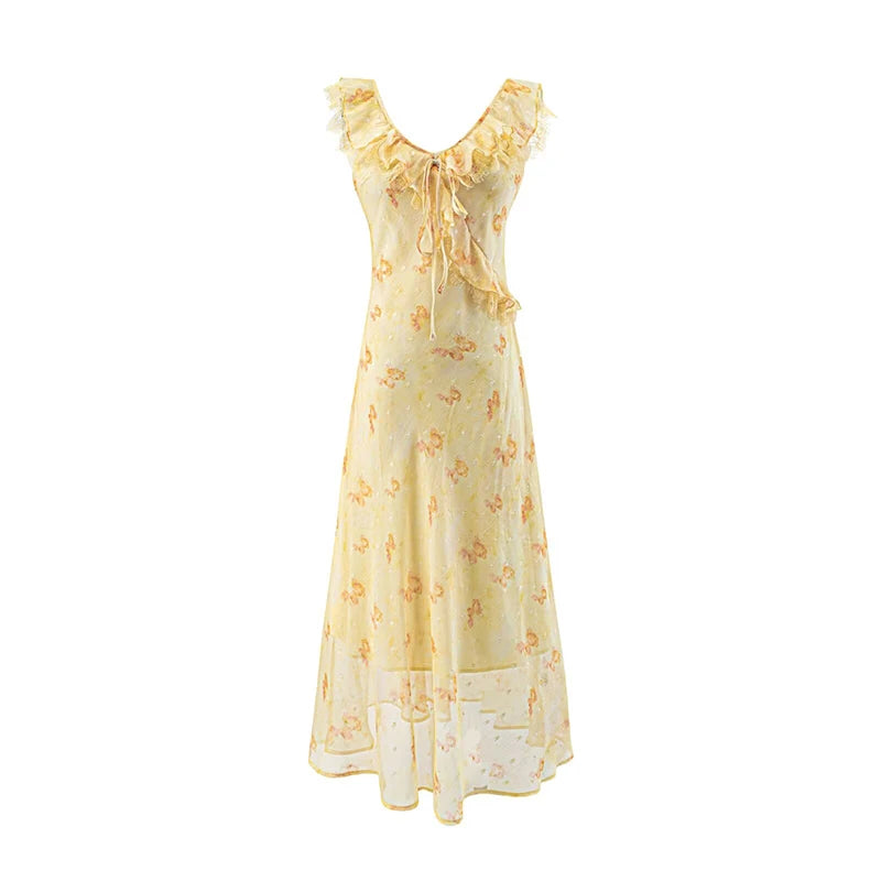 Yellow floral print v-neck ruffle midi dress