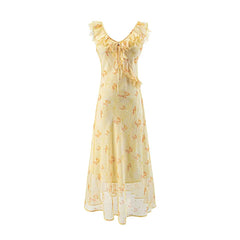 Yellow floral print v-neck ruffle midi dress