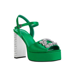Satin Platform Crystal Embellishment Block Heels