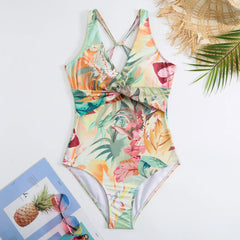 Tie-Strap V-Neck One-Piece Swimsuit with Matching Sarong Set