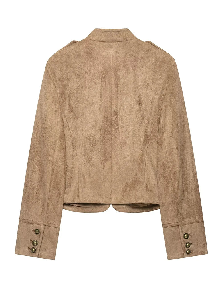 Back view of faux suede military jacket