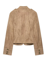Back view of faux suede military jacket