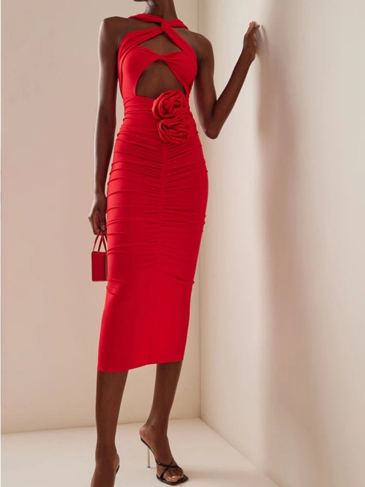 Statement event dress with bold bodycon structure and detailing