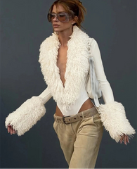 Faux Fur Trimmed V-Neck Long Sleeve Bodysuit