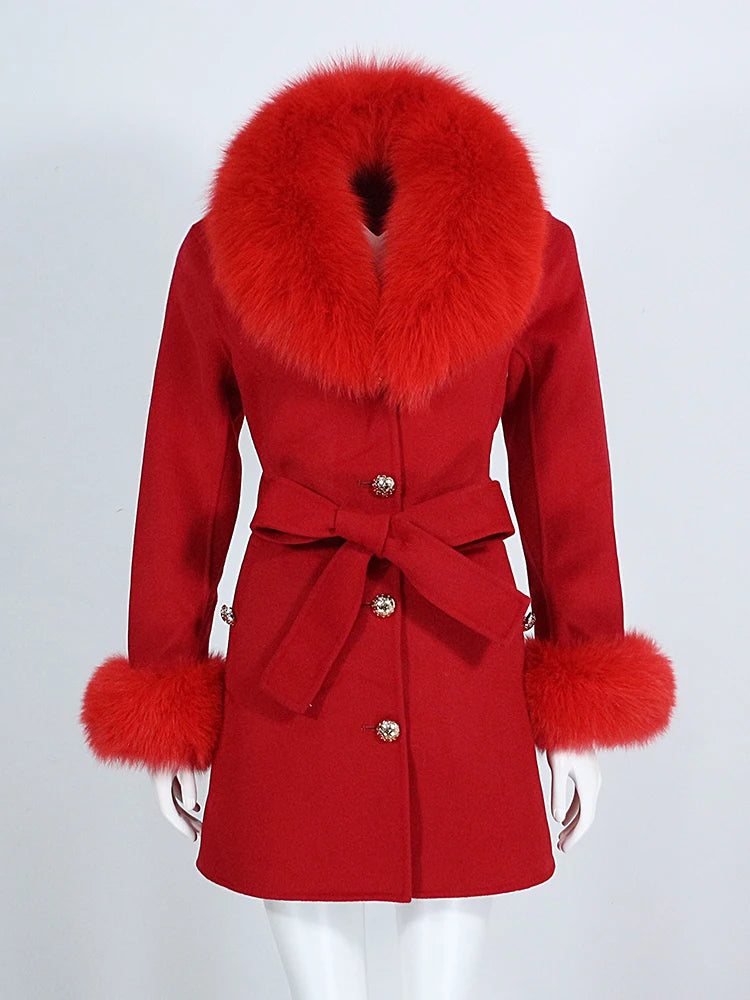 Red coat with fur trim on a white background