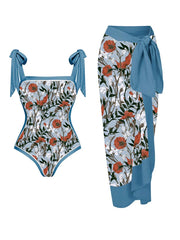 Floral Print Tie-Strap Bikini and Sarong Set