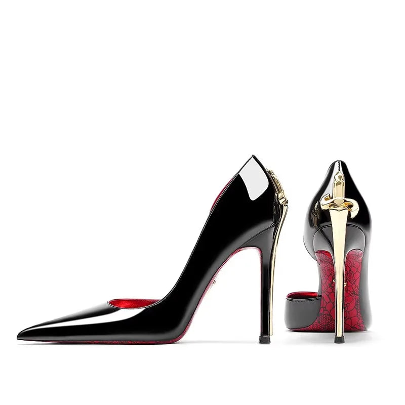Black high-heeled shoes with red interior on a white background