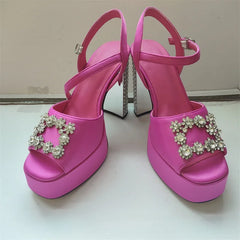 Satin Platform Crystal Embellishment Block Heels