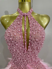 Beaded Feather Halter Sequin Mini Dress