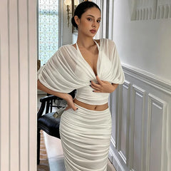 Draped Sleeve Crop Top and Ruched Midi Skirt Set