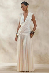 Draped V-Neck Ruched Waist Maxi Dress