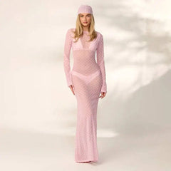 Sheer polka dot mesh maxi dress with long sleeves
