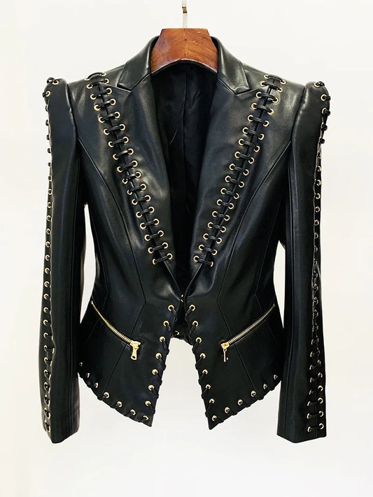 Black lace-up embellished fitted blazer front view