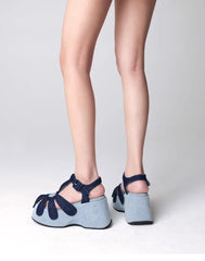 Denim Flower Wedge Platform Sandals