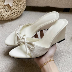 Bow Accent Wedge Mules Slip On Shoes